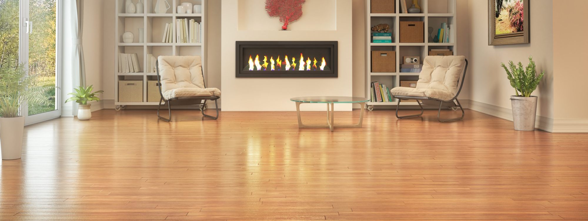 Living room with wooden floor and fireplace. 3d illustration