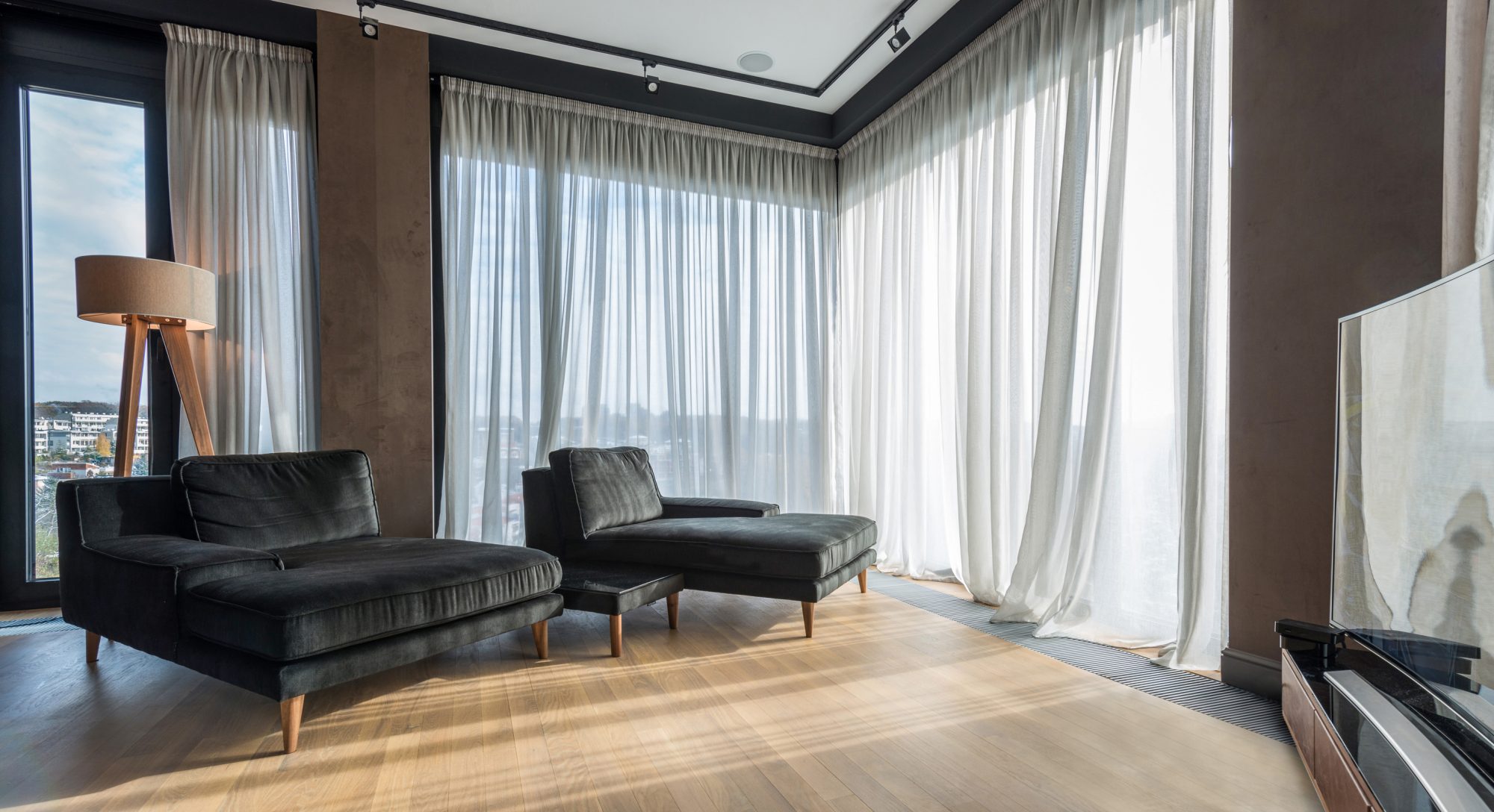 Interior of a living room in a new luxury penthouse apartment